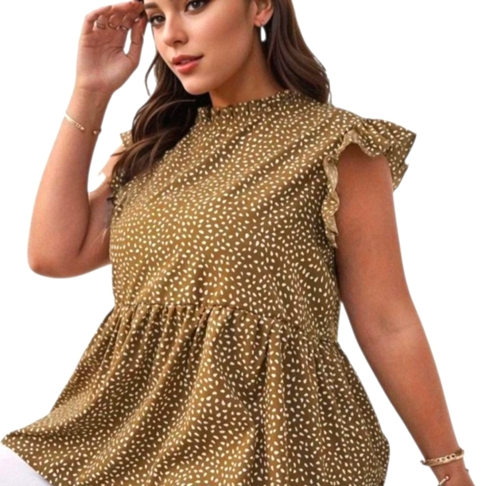 Womens Plus Size Flutter Sleeve Ruffled Peplum Top